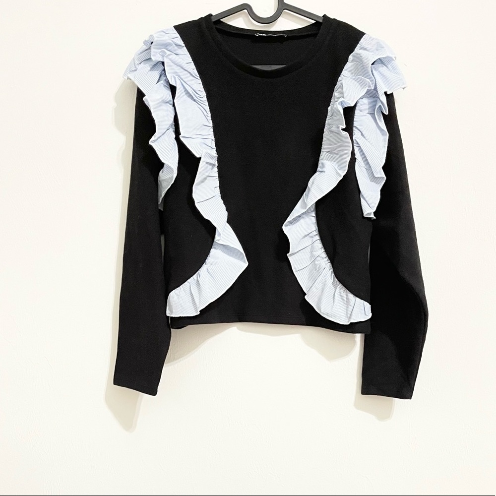NWOT! ZARA Black Knit Sweater with Pinstripe Ruffle Details.